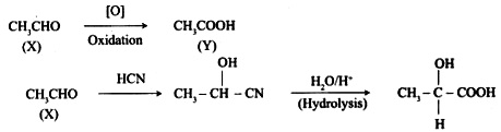 A compound ‘X’ (C2H4O) on oxidation gives ‘Y’ (C2H4O2), ‘X’ undergoes ...