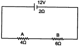Fig.  shows two resistors A of 4 Omega  and B of 6  Omega  joined in series to a battery of e.m.f. 12 V and internal resistance 2 Omega . Calculate :        the terminal voltage of the battery,