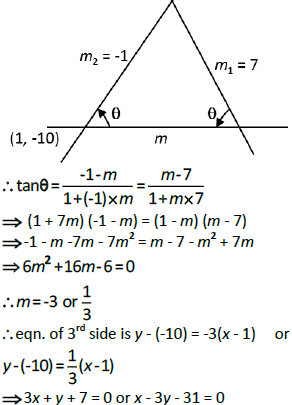 The Equation Of Two Equal Sides Of An Isosceles Triangle Are 7x Y 3 0 And X Y 3 0 And Its Third Side Is Passes Through The Point Sarthaks Econnect Largest Online Education Munity