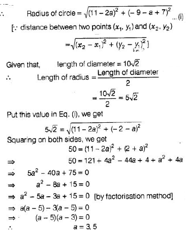 If The Centre Of A Circle Is 2a A 7 Then Find The Values Of A If The Circle Passes Through The Point 11 9 And Has Diameter 10 2 Units