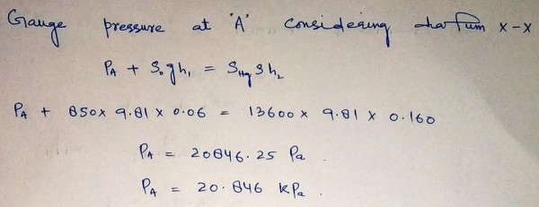 A U tube manometer is used to measure the pressure of oil of specific gravity