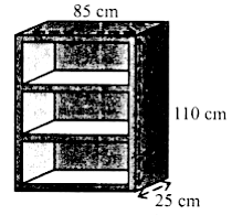 A wooden bookshelf has external dimensions as follows: Height = 110 cm,  Depth =25 cm, Breadth = 85 cm see the given figure. The thickness of the  plank is 5 cm everywhere.