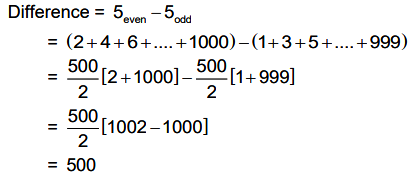 Find the difference between the sum of all even numbers from 1 to 1000 ...