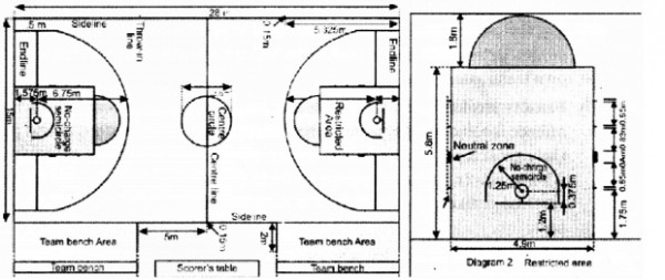 Draw a neat labelled diagram of basketball court with its ...