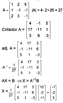 Solve the following system by equations by matrix method x + 2y + 5z ...