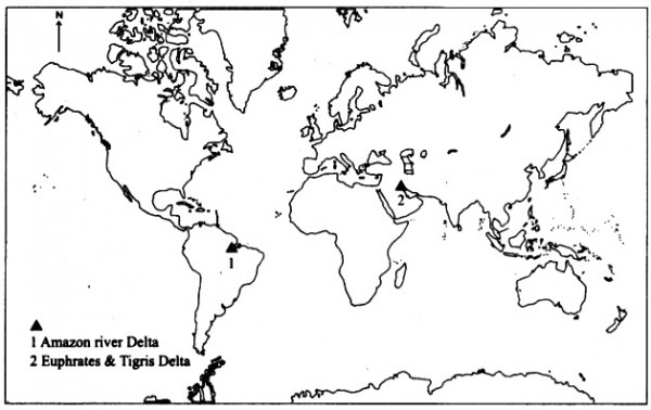 On the given outline map of the world, mark the following. 1. Any two ...