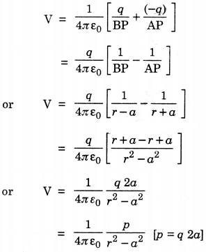 The electric potential of OP due to the dipole