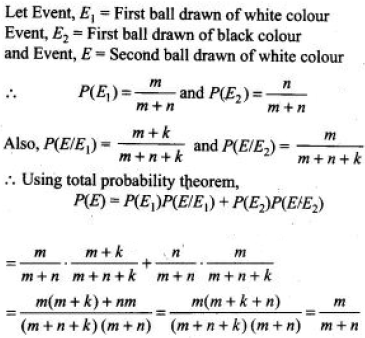 An urn contains m white and n black balls. A ball is drawn at random