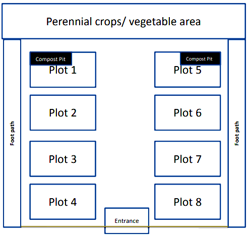 Draw the layout plan for a kitchen garden with an area of 40 m^2. What